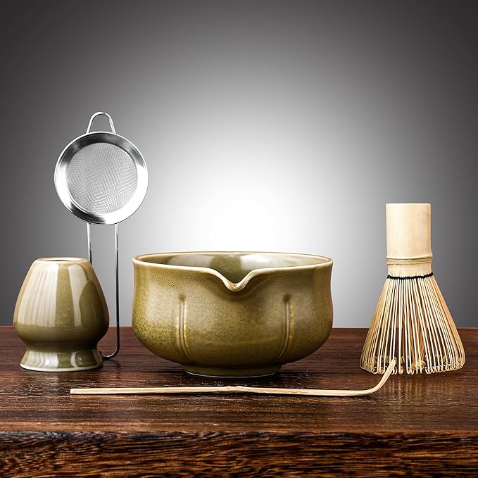 Matcha Whisk Set – 5 Piece Japanese Matcha Tea Set w/Ceramic Matcha Bowl, 100-Prong Bamboo Whisk & Holder, Scoop, & Stainless Sifter – Traditional Matcha Making Kit (Mottled Green)