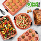 NutriChef 8 Piece Baking Pans Set - Nonstick Carbon Steel Bakeware Set w/ Silicone Heat-Safe Handles - Includes Loaf Pan, Muffin Pan, Cookie Sheets, Pizza Crisper, Roasting Pans - Rose Gold