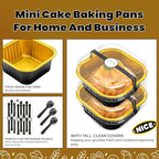 50 Pcs Mini Square Baking Cups with Lids and Spoons Aluminum Foil Mini Cake Pans with Lids Disposable Ramekins Cake Pans Dessert Cups for Wedding Birthday Party(Black Gold,5oz)