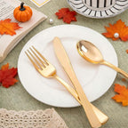 Liacere 100Pack Pre Rolled Gold Silverware and Napkin-Disposable Gold Plastic Utensils-Wrapped Plastic Cutlery Set with Napkin:100 Forks,100 Knives,100 Spoons,100 Napkins for Wedding&Thanksgiving