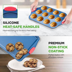 NutriChef 8-Piece Bakeware Set - Nonstick Carbon Steel Baking Pans with Red Silicone Handles, Blue Coating, Durable & Stain-Resistant, Perfect for Baking Cakes, Muffins, Cookies (Blue)