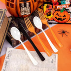 NOCCUR 180PCS Halloween Plastic Silverware Set - Tricolor Flatware Disposable Supplies Include 60 Black Knives, 60 Orange Forks, 60 White Spoons - Ideal for Thanksgiving Party