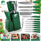 FULLHI 14pcs Block Knife Set, Chef's Knife Steak Knives Set with Block and Sharpener, Kitchen Knife Set, Multi-colour Handle, Gifts for Men Women