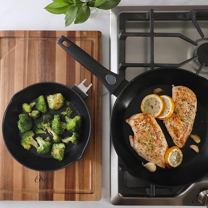 Oster SmartHandle 2-Piece Fry Pan Set, 11-Inch & 9-Inch Nonstick Skillets with Removable Handle – Oven & Dishwasher Safe, Space-Saving Cookware