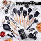 Country Kitchen Non Stick Silicone Utensil Set with Rounded Wood Handles for Cooking and Baking, 38 Piece Set, Black