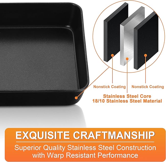 Herogo 8 x 8 Baking Pan Set of 2, Non-Stick Square Cake Pan for Oven, Stainless Steel Black Lasagna Brownies Casseroles Cakes Bakeware, Oven safe