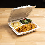TIYA Clamshell Food Containers - White Bulk 150 Pack, 8x8 in - 3-Compartment To-Go Containers - Microwavable Plastic with Hinged Lid - Great for Meal Prep - BPA-Free