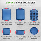 NutriChef 6-Piece Non Toxic Bakeware Set – Carbon Steel Baking Pan Includes Cookie, Muffins, Loaf, Bread, Round & Square Pans, Non-Stick, Easy Release, & Easy Clean
