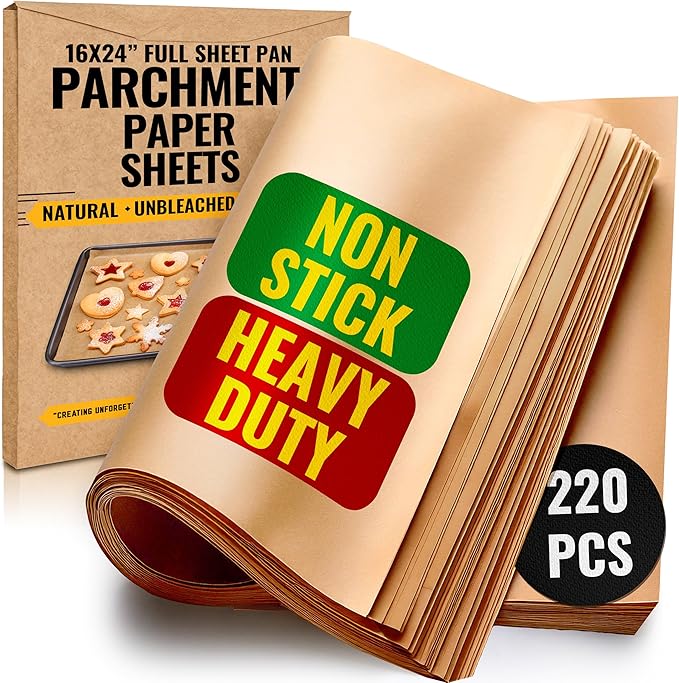 [220 Sheets] Full Sheet Pan 16 x 24 Inch Parchment Paper Baking Sheets by Baker’s Signature | Precut Silicone Coated & Unbleached – Will Not Curl or Burn – Non-Toxic & Comes in Convenient Packaging
