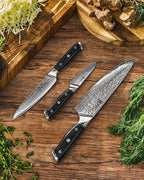 KYOKU Knife Set, 3pc Japanese Kitchen Knife Set for Cooking, 8" Chef 3.6" Paring 6" Utility Knife with Sheath Gift Box, Professional Sharp Damascus Stainless Steel Knives for Meat Vegetable Fruit