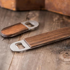 Dropcatch Handheld Bar Blade Bottle Opener | Flat Beer Cap Bottle Opener | Durable Bartender or Home Tool | Heavy Duty Stainless Steel & Walnut Finish | Mini 4.25” x 1.5”