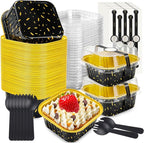 50 Pack Mini Cake Pans with Lids and Spoons Aluminum Foil Pans Square Cake Tins for Bakery Party Wedding (Black Gold Spot,5 oz)