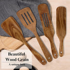 Wooden Spatula, Heat Resistant Cooking Wood Spatulas Spurtles for Non Stick Cookware Kitchen Use, Handmade Non Toxic Teak Wooden Cooking Utensil Spurtle Set for Cast Iron Baking Flipping, 4 Piece