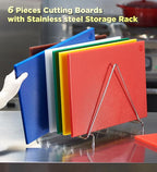CURTA 6-Piece NSF 18" x 12" x 1/2" Multi-Colored Flexible Cutting Board Kit with Stainless steel Storage Rack, Color Coded Plastic Chopping Board with Anti Slip Surface Dishwasher Safe