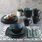 Gibson Elite Soho Lounge 16-Piece Reactive Glaze Dinnerware Set, Teal/Black Two-Tone