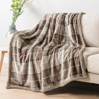 Pavilia Taupe Plaid Sherpa Throw Blanket - Plus Plush Flannel Fleece Blanket - Warm Cabin Sofa Bed Winter Throws 50x60