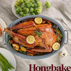 HONGBAKE 18 Inch Turkey Roasting Pan with Rack and Lid – Large Red Carbon Steel Roaster Pan for 20 lb Turkey, Oven Safe Baking Pan for Holiday Meals & Thanksgiving