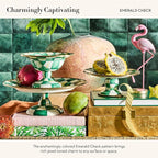 MACKENZIE-CHILDS Enamel Compote, Cute Enamel Pedestal Serving Dish or Decorative Bowl, Small, Green-and-White Emerald Check